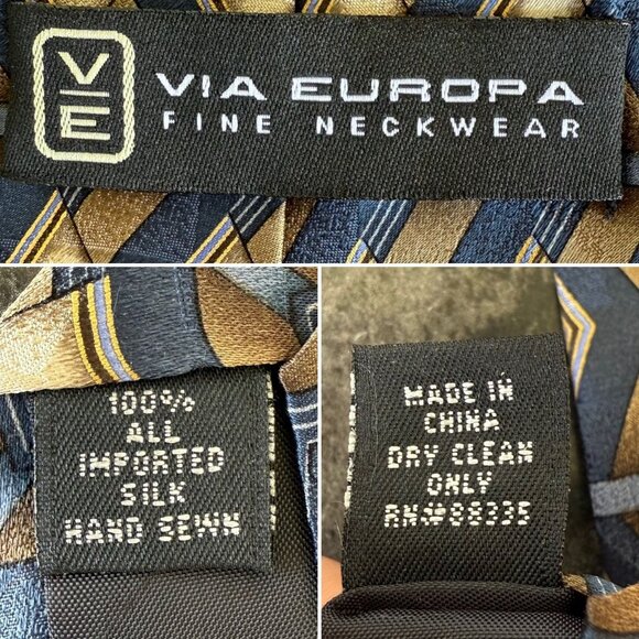 Vintage Via Europa Silk Tie Blue and Gold Geometric Pattern 58in x 4in Bold 90s - Picture 5 of 6